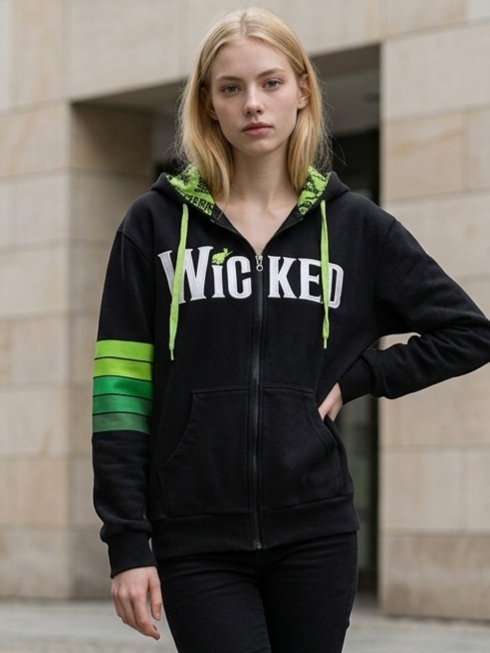 Wicked Broadway Musical Black Full-Zip Hoodie White Embroidered "Wicked" S GUC
